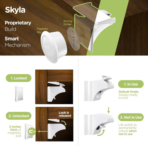 Magnetic Cabinet Locks For Baby Proofing And Child Safety No Screws Or Tools Needed Easy Install With 3M Adhesive 12 Pack With 2 Keys Multi Purpose Latches For Cabinets Drawers And More showing lock mechanism and key operation.