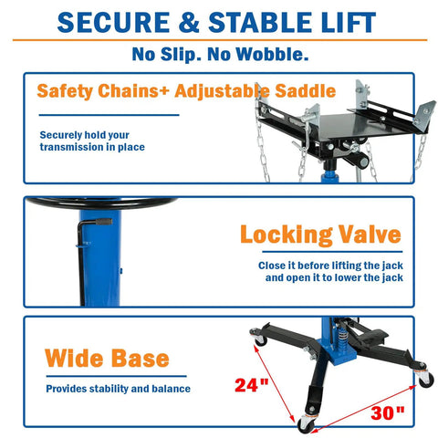 Kaflla High Lift Hydraulic Transmission Jack 1660 Lb With Foot Pedal, features safety chains, locking valve, and wide base.