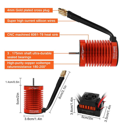 Beefed Up 1/10 Scale Brushless RC Motor And 60A ESC Combo With 4370KV F540 Sensorless Motor, components view with dimensions.