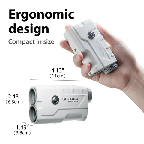Vpro Golf Rangefinder With Pinsensor And Flag Lock, ergonomic design, shown in hand, compact, dimensions labeled