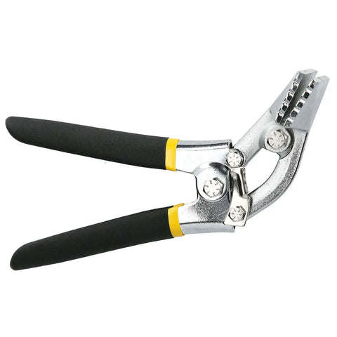 Pro Grade Flanging Pliers With Locking Jaw for sheet metal seaming, featuring flat nose crimping forceps and curved handle for bending tool.