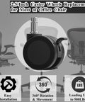 Office Chair Wheels With Brakes 2.36 Inch Diameter Locking Caster Replacement Set Of Five For Carpet And Hardwood Floors With Universal 7/16 Inch Stem 11mm Fit Standard Office Chairs And Stools For Smooth Rolling And Secure Braking, close-up view of black caster wheel with brake.