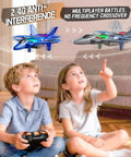 Kids playing with Upgraded ABS Fighter Jet RC Plane For Kids indoors, showing 2.4G remote control and LED-lit airplanes in flight.