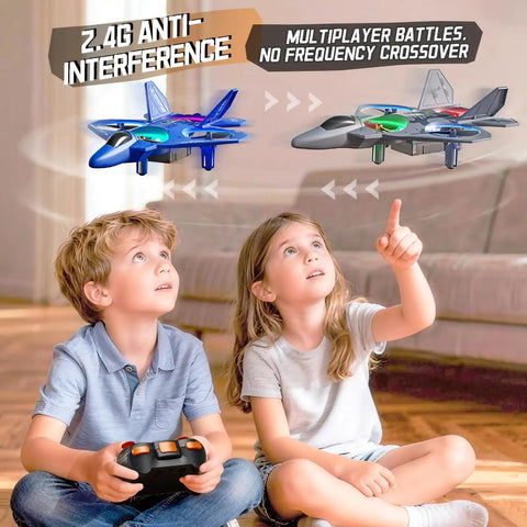 Kids playing with Upgraded ABS Fighter Jet RC Plane For Kids indoors, showing 2.4G remote control and LED-lit airplanes in flight.