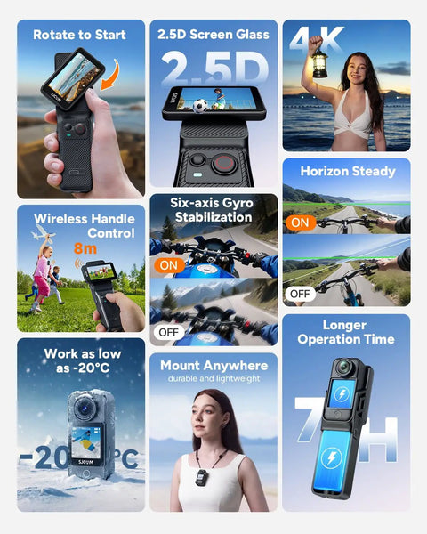 4K Vlog Cam With 64GB Memory, 154 Degree Wide Angle Lens, 6 Axis Stabilizer, 30M Waterproof Body features overview