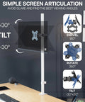 Tough As Nails Steel Monitor Pole Mount With Quick Release Vesa Plates For Up To 30 Inch Displays showcasing tilt and swivel features.