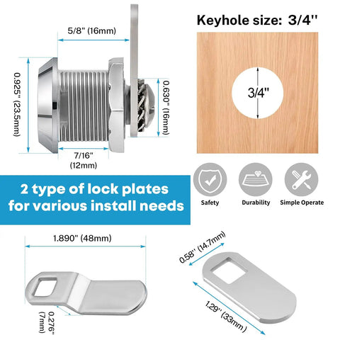 Diagram showing measurements and features of Five Eighth Inch Cabinet Cam Lock Set Keyed Alike Five Pack Cylinder Locks.