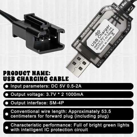 7.4 Volt LiPo Battery Charger Cable With SM3PIN Plug, USB powered, details on output and interface for RC toys charging