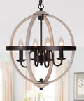 Oak and white finish four-light pendant orb chandelier for dining room, adjustable and UL listed.