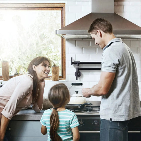 Family using Oil Rubbed Bronze Pot Filler Faucet With Solid Brass Build, Wall Mounted Double Joint Swing Arm Over Stove in kitchen