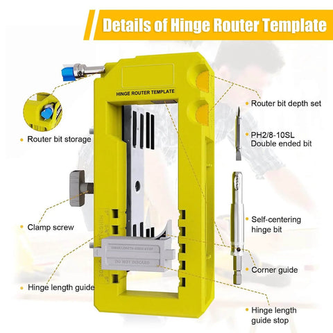 2 In 1 Door Hinge And Lock Installation Kit With Adjustable Hinge Jig For Precision Chiseling And Easy Setup Great For DIY And Pros CNQLIS Router Not Included showing hinge router template details