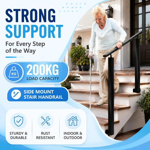 Adjustable Outdoor Stair Handrail Built Tough With Heavy Duty Galvanized Steel For Secure Porch And Deck Use Featuring Smooth Angle Alignment And No Sweat Side Mount Installation, supporting elderly person on steps.