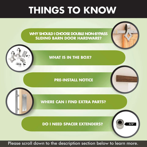 Image showing installation guide and components for Brushed Nickel Sliding Barn Door Hardware Kit For Double Doors, 9ft Flat Track.