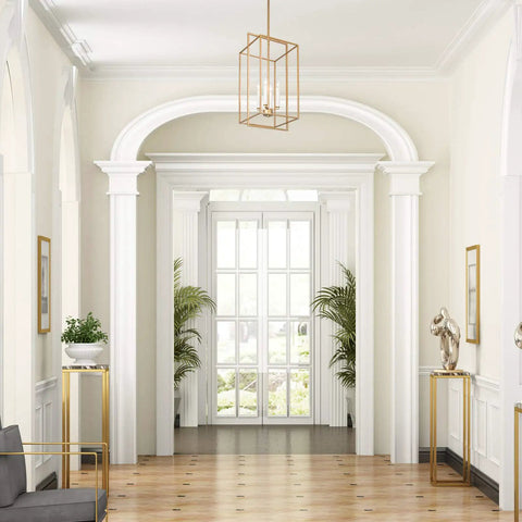 Antique Gold Four-Light Modern Linear Chandelier With Openwork Geometric Frame in elegant hallway setting