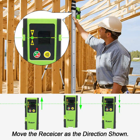 Worker using Laser Receiver For Green And Red Beams With Pulse Mode Only, 200 Ft Range, Three Sided LED Display, Clamp Included