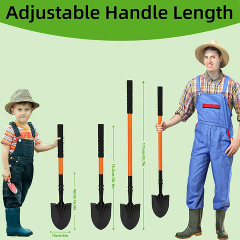 Adult and child holding adjustable Extra Long 43.7 Inch Spade Shovel With Heavy Duty Steel Handle For Digging Gardening Camping