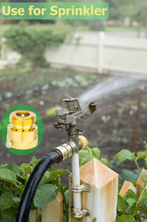 Brass Backflow Preventer Vacuum Breaker For Garden Hose With Anti Siphon Check Valve Three Quarters Inch Connection in use on a sprinkler