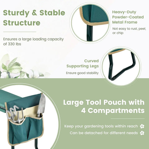 Close-up of garden kneeler and seat foldable bench with EVA foam pad, metal frame, and tool pouch, highlighting structure and features.