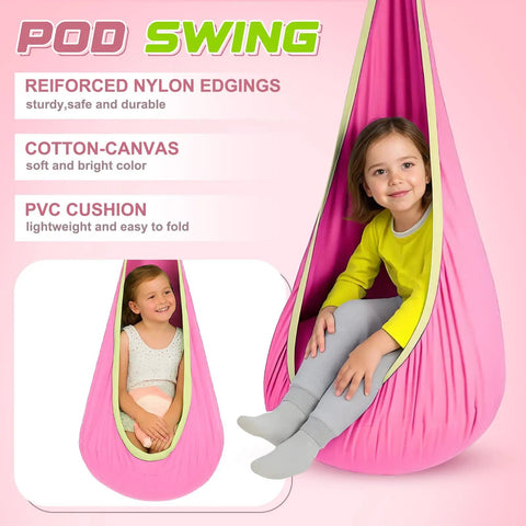 Child sitting in a pink pod swing with a sensory swing stand frame visible, highlighting durable nylon and cotton-canvas materials.