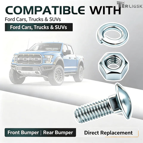 Rustproof Chrome Bumper Bolts Kit 7/16-14 By 1-1/4 Inch Carriage Bolts With Nuts And Lock Washers, 4 Sets, Heavy Duty Chrome Plated Steel For Ford F-150 F-250 F-350 Mustang Front And Rear Bumper Replacement. Compatible with Ford cars, trucks and SUVs.