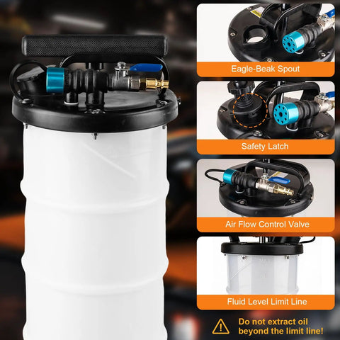 Gearhead Ready Dual Mode 6.5L Oil Extractor Pump with extended hoses and brake bleed hose showing features for auto care.