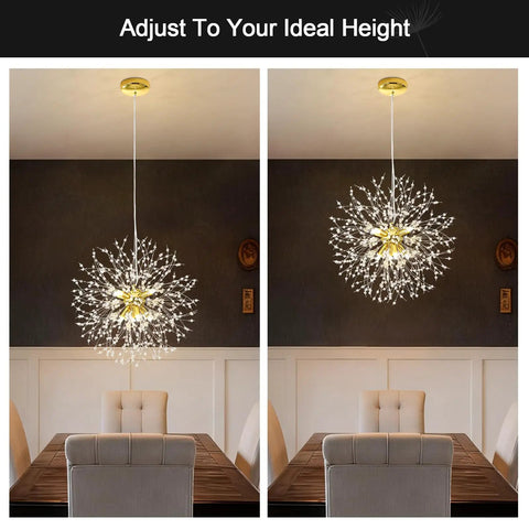 Gold Modern 8 Light Crystal Sputnik Dandelion Chandelier Pendant Lighting in dining room, adjustable height demo.