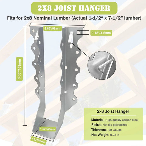 20 Pack 2 By 8 Inch Joist Hanger 18 Gauge Double Shear Face Mount For Wood Floor Deck And Ceiling Joists Galvanized Steel