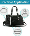 Top Shelf 60 Piece Bag Making Hardware Kit Featuring Swivel Snap Hooks D Rings Slide Buckles For Handbag Repairs Backpack Fasteners And Totally Sweet DIY Craft Builds In Polished Silver applied on a black handbag.