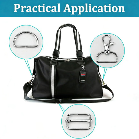 Top Shelf 60 Piece Bag Making Hardware Kit Featuring Swivel Snap Hooks D Rings Slide Buckles For Handbag Repairs Backpack Fasteners And Totally Sweet DIY Craft Builds In Polished Silver applied on a black handbag.