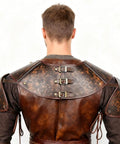 Back view of Medieval Leather Pauldron Shoulder Armor For Viking Knight Cosplay Larp Ren Faire Costume Brown Faux Leather With Collar Buckle Durable Realistic Texture Totally Boss Quality