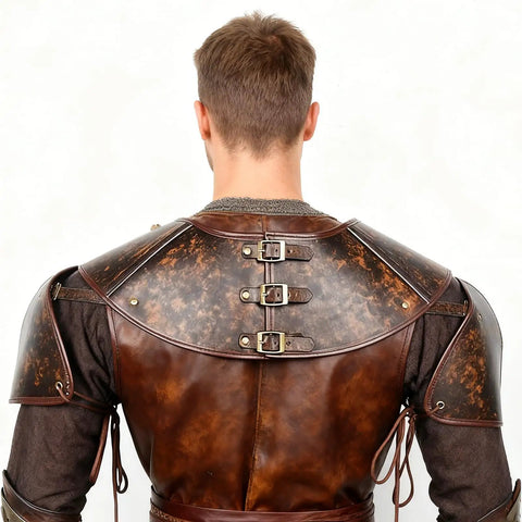 Back view of Medieval Leather Pauldron Shoulder Armor For Viking Knight Cosplay Larp Ren Faire Costume Brown Faux Leather With Collar Buckle Durable Realistic Texture Totally Boss Quality