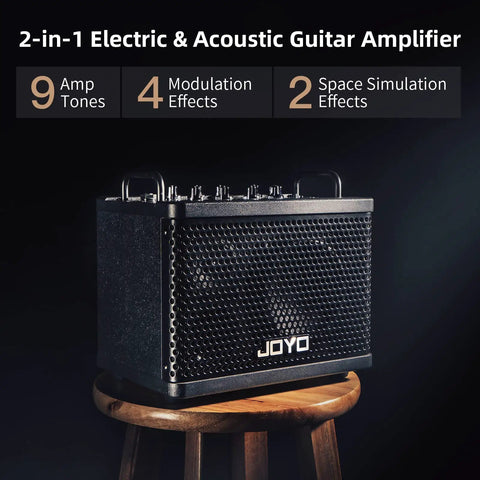 15W Portable Guitar Amp With 9 Preamp Models, Looper, Drum Machine, black amp on stool, front view