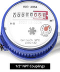Close-up of Two Pack Water Meter for Cold Water with Pulse Output, blue rotating dial, half inch NPT adapters for easy reading.