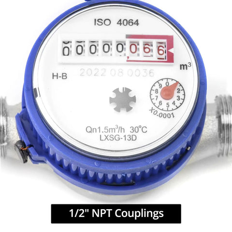 Close-up of Two Pack Water Meter for Cold Water with Pulse Output, blue rotating dial, half inch NPT adapters for easy reading.