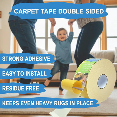 Double Sided Rug Tape For Hardwood Floors 2 Inch By 15 Yards Non Slip Grip For Tile And Wood Easy To Remove Without Residue Rug Tape That Keeps Rugs In Place On Any Surface shown next to a family playing on a living room floor.