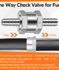 Inline fuel check valves set, one-way flow control for fuel systems, silver finish, sizes 1/4 to 1/2 inch, aluminum alloy.