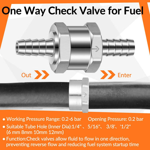 Inline fuel check valves set, one-way flow control for fuel systems, silver finish, sizes 1/4 to 1/2 inch, aluminum alloy.
