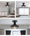 Industrial Farmhouse Ceiling Light Fixture With Metal Cage Shade Copper Finish Close To Ceiling Mount E26 Base For Hallway Kitchen Foyer Porch Rustic Black Metal Glow And Cozy Vibe installed in modern living spaces.