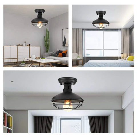 Industrial Farmhouse Ceiling Light Fixture With Metal Cage Shade Copper Finish Close To Ceiling Mount E26 Base For Hallway Kitchen Foyer Porch Rustic Black Metal Glow And Cozy Vibe installed in modern living spaces.