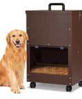Real Deal Automatic Gravity Dog Feeder With Smooth Rolling Wheels For Large Breed Puppers, Self Refilling Bulk Kibble Dispenser beside a golden retriever.