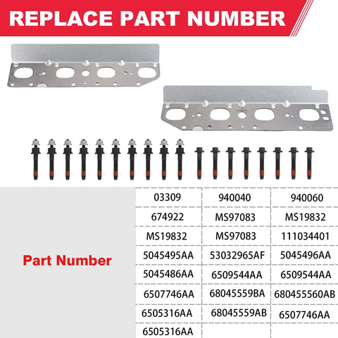 5.7L Hemi Exhaust Manifold Gasket Set with Bolt Studs and Nuts plug and play bolt-on direct fit for Dodge Ram 1500 2500 3500