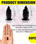 61 Piece Screw Tire Plug Kit With Screwdriver showing large and small tire plugs with dimensions in mm and inches