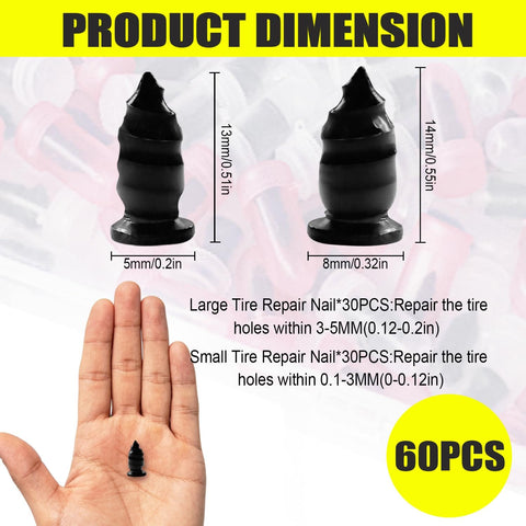 61 Piece Screw Tire Plug Kit With Screwdriver showing large and small tire plugs with dimensions in mm and inches