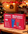 Box for 2-piece magnetic wrench organizer with non-slip handle, in red and blue, on a workbench at holiday-themed workshop.