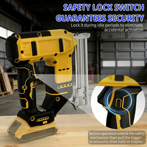 Heavy Duty 18 Gauge Cordless Brad Nailer And Electric Staple Gun delivers brushless performance with safety lock switch for secure use.