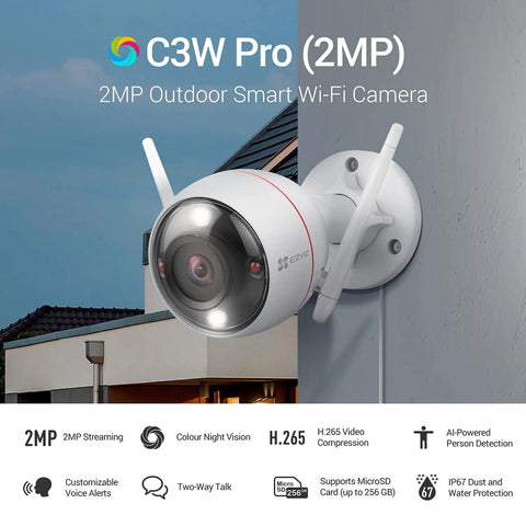2K Outdoor Security Camera For Home, WiFi Surveillance installed on house exterior with color night vision lens visible