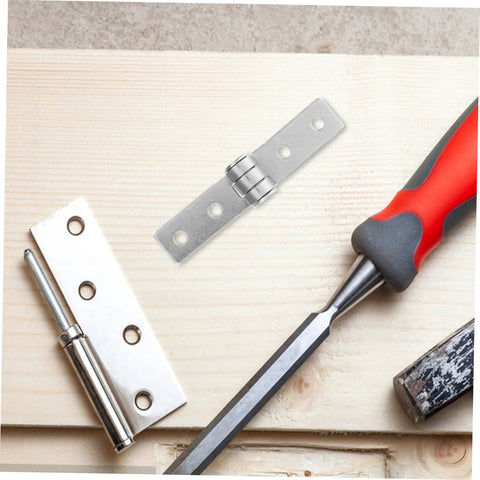 Stainless steel cabinet hinge set with two plates, hinge pin, and screwdriver on wood workbench.