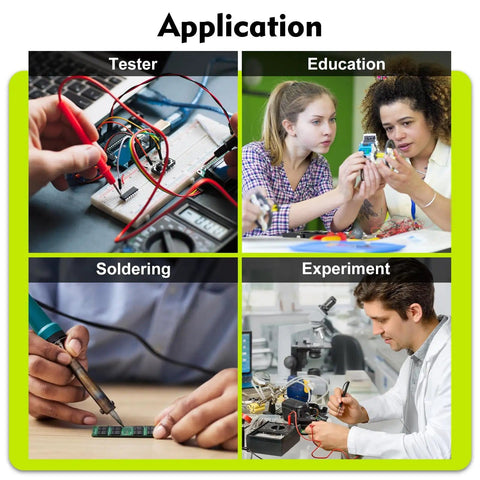 Application uses of Adjustable LM2596 Power Supply Soldering Kit include testing, education, soldering, and experiments.