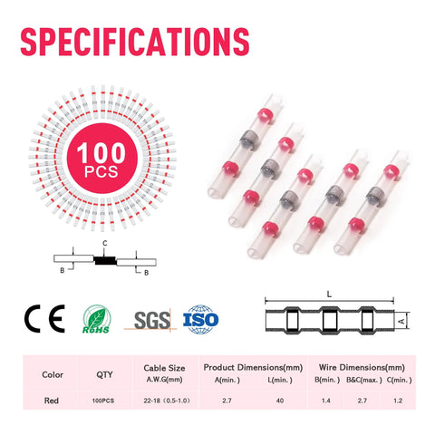 100pcs red solder-seal heat-shrink butt connectors for AWG 22-18; translucent sleeves for marine/auto wiring
