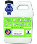 Front view of Pool Filter Cleaner 6 Month Supply 32 Oz Concentrated Cartridge Cleaner For Soak Or Spray Removes Dirt Grease Oil Sunscreen Hard Water Buildup No Foam Residue Safe Natural Effective Easy To Use bottle